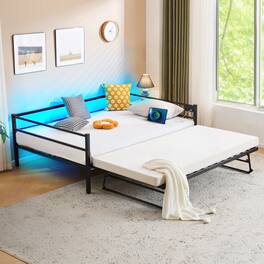 Winado - Twin Size Metal Daybed with Pop Up Trundle Twin Day Bed Sofa Platform Bed with LED Lights and Charging Station - Black