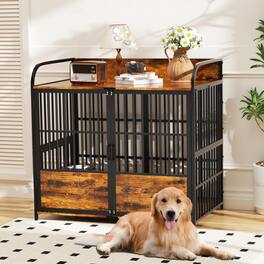 HOMLUX - 41 in Dog Crate Furniture Medium Dog Kennel Indoor with Adjustable Bowls Wooden Dog Cage Table Decorative - Brown