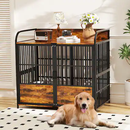 Front. HOMLUX - 41 in Dog Crate Furniture Medium Dog Kennel Indoor with Adjustable Bowls Wooden Dog Cage Table Decorative, Brown - Brown.