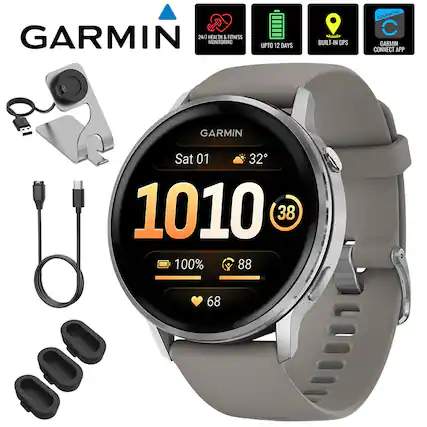 GARMIN 24/7 HEALTH & FITNESS MONITORING UPTO 12 DAYS BUILT-IN GPS GARMIN CONNECT APP
GARMIN
Sat 01 1010 32° 38 100% 88 68