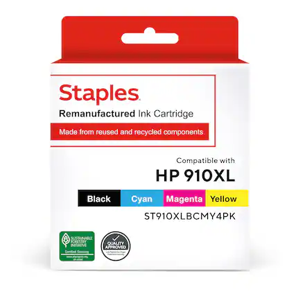 Staples. Remanufactured Ink Cartridge Made from reused and recycled components Compatible with HP 910XL Black Cyan Magenta Yellow ST910XLBCMY4PK SUSTAINABLE FORESTRY QUALITY INITIATIVE APPROVED Certified Sourcing L Tented - Pae moa Denvalo www.siiprogram.org
