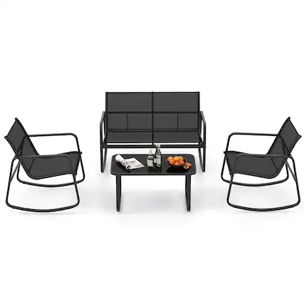 Front. Gymax - Gymax 4 Piece Rocking Bistro Set Patio Furniture Set w/ Loveseat 2 Rocking Chairs - Black.