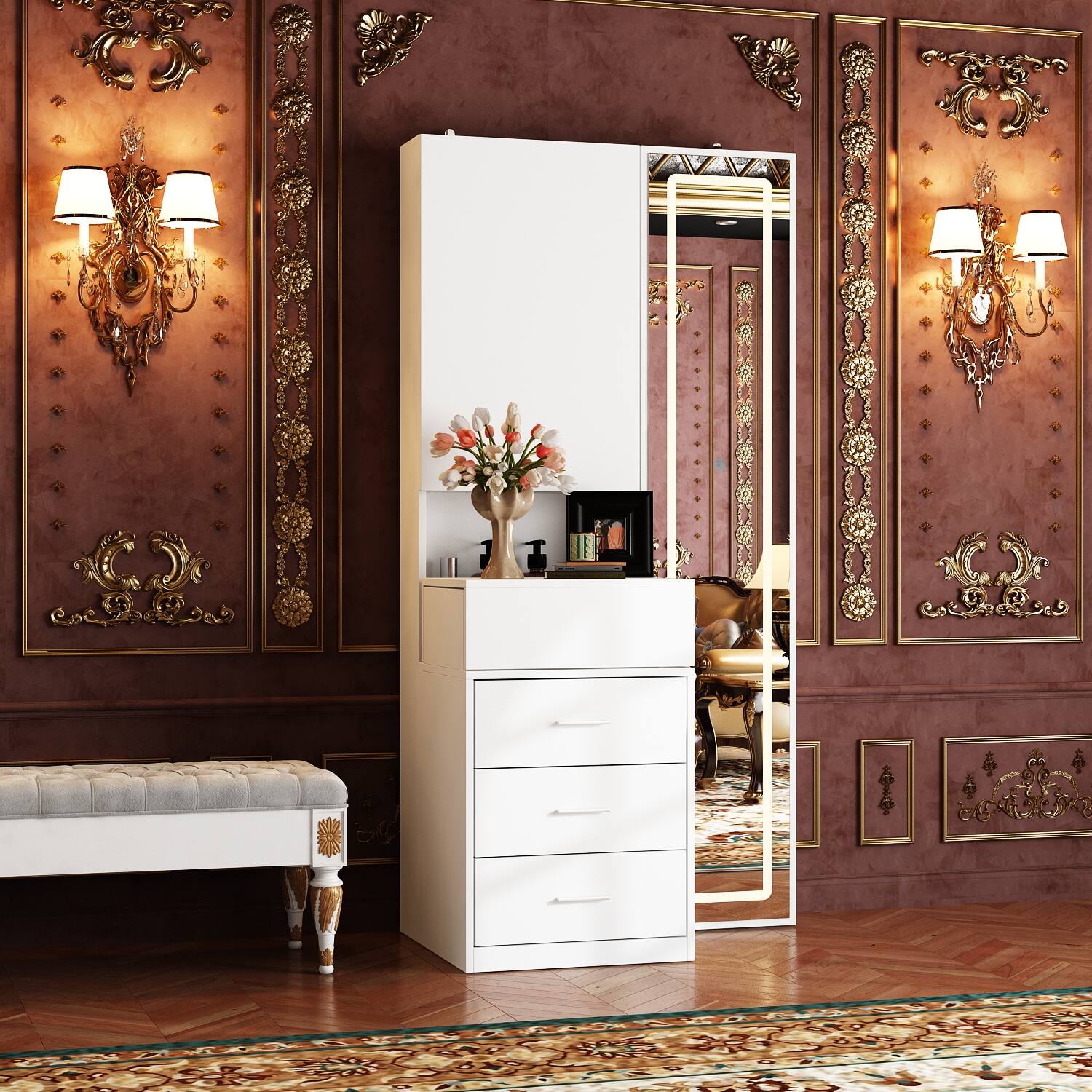 Angle. Famapy - LED Full - Length Mirror Vanity Set with Hidden Makeup Desk & Ample Storage - White.