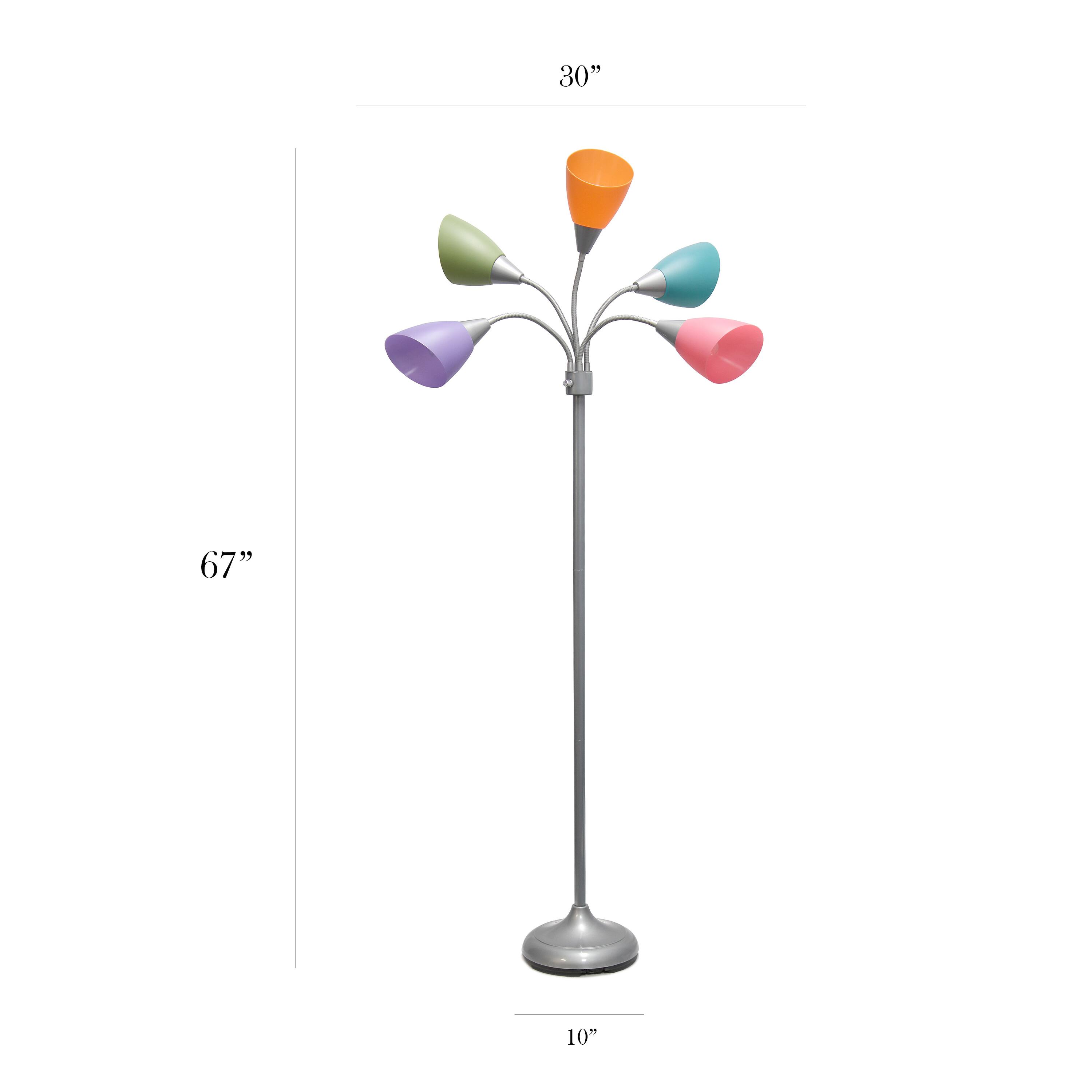 Left. Simple Designs - 5 Light Adjustable Gooseneck Floor Lamp - Silver/Fun Multicolored Shades.