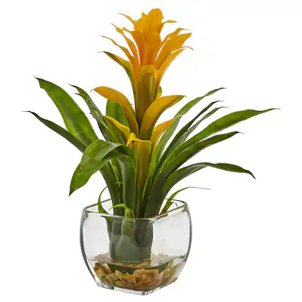 Front. BreeBe - 12" Bromeliad with Vase Arrangement Yellow - Yellow.
