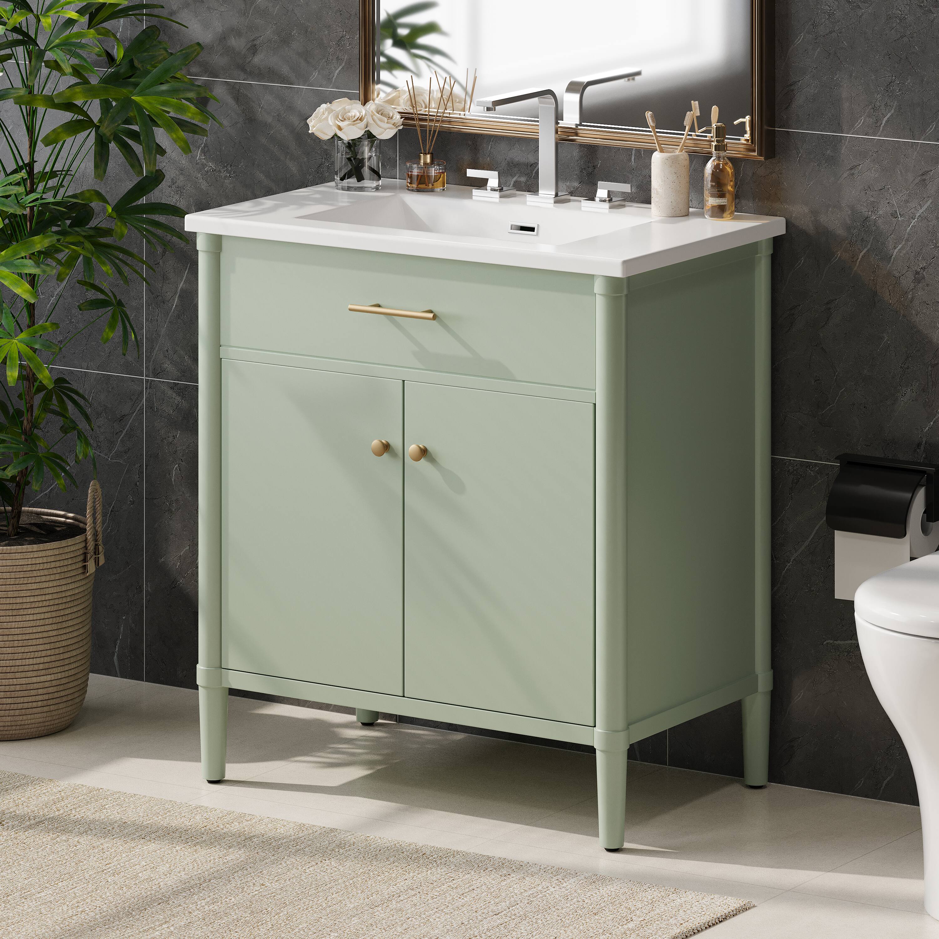 Back. Loheer - 2.6 ft Bathroom Vanity with Ceramic Sink, Soft Close Doors, Adjustable Shelf - Green.
