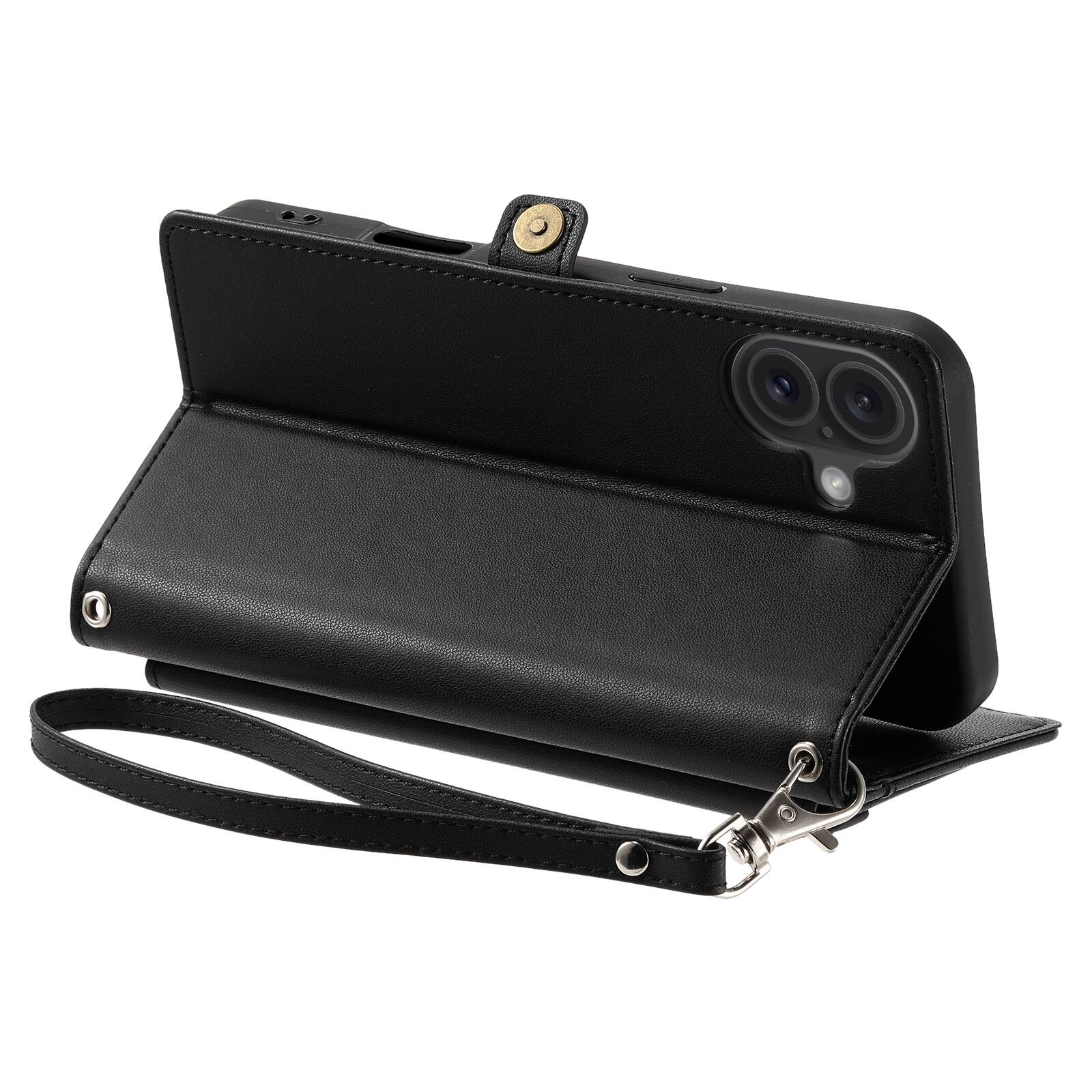 Alt View 4. Dteck - Foilo Wallet Case for Apple iPhone 17,Shockproof Card Holder PU Leather Magnetic Snap Phone Cover with Lanyard - Black.