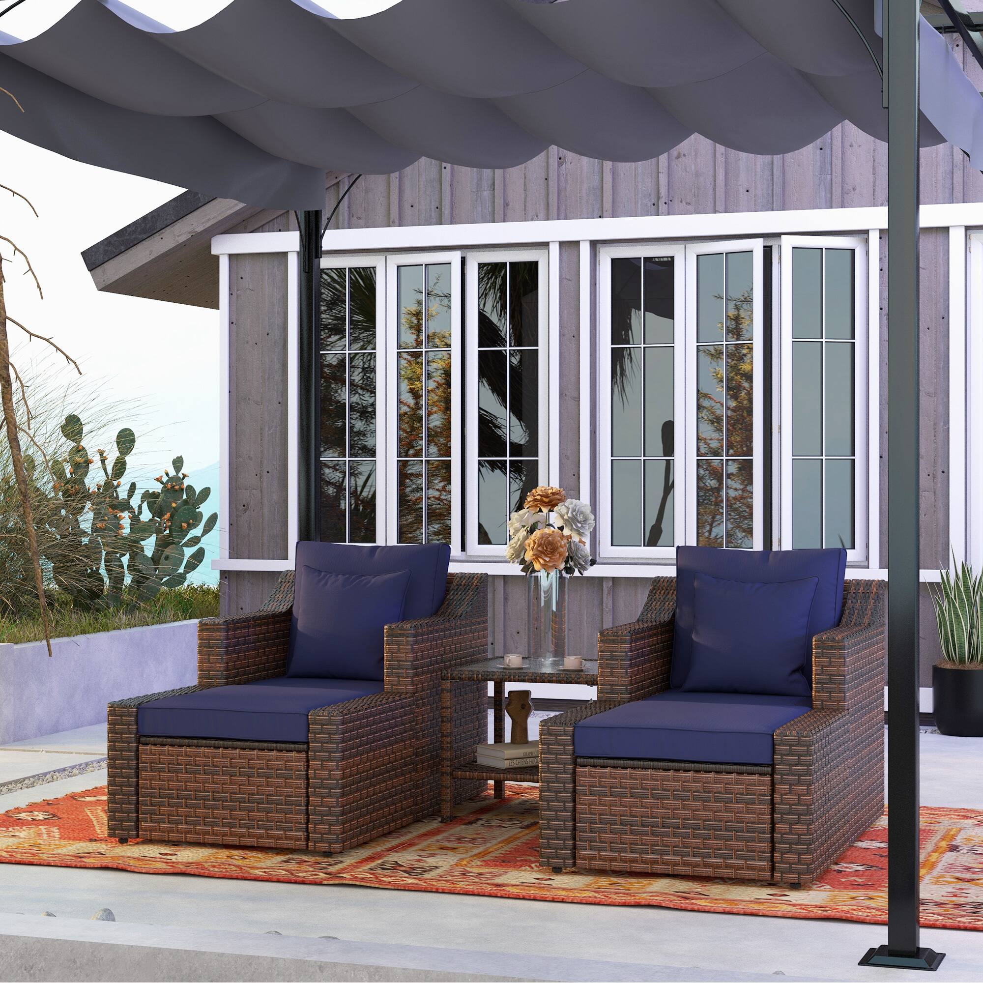 Alt View 1. Outsunny - 5 Piece Patio Furniture Set, All Weather PE Rattan Conversation Chair, and Ottoman Set with Coffee Table - Dark Blue.