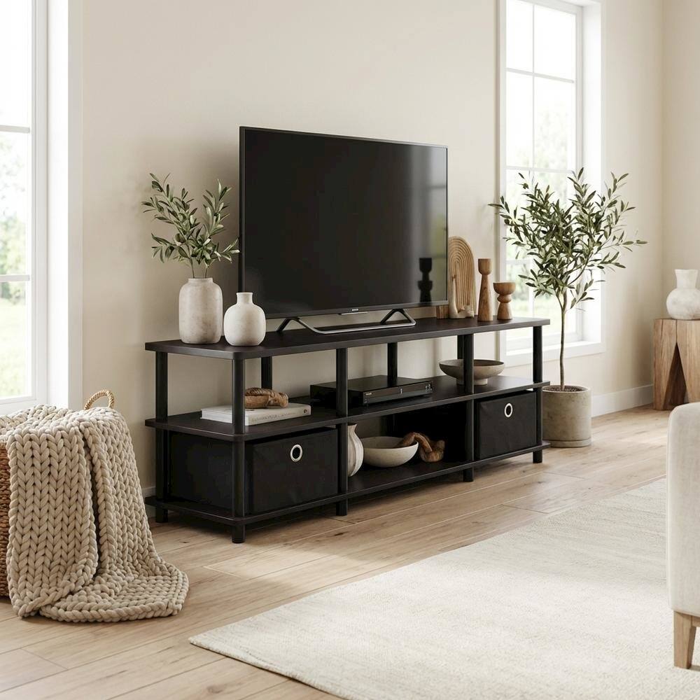Alt View 2. FurniFact - Espresso/Black TV Stand with Storage Bins and Wood Construction - Brown Black.
