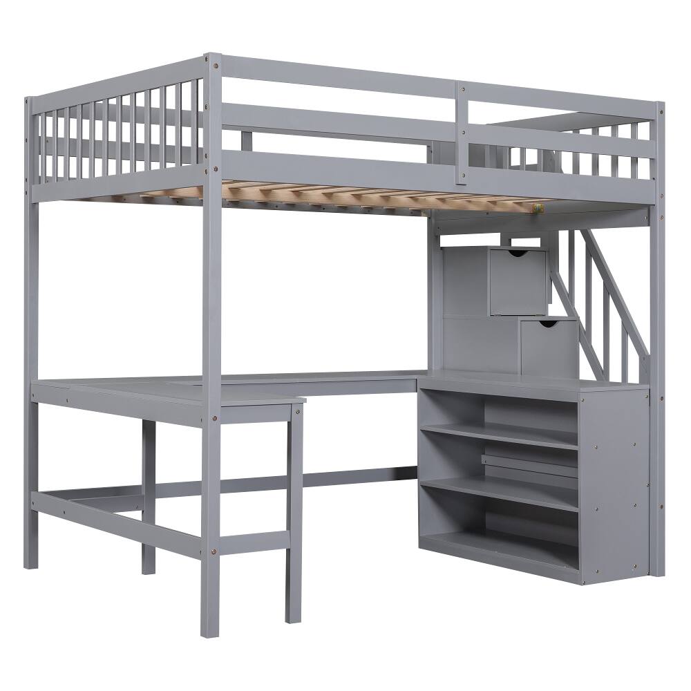 Alt View 3. Loheer - Loheer Full Size Loft Bed with Desk, Gray Loft Bed with Storage Stairs and Shelves, Pine Wood - Gray.
