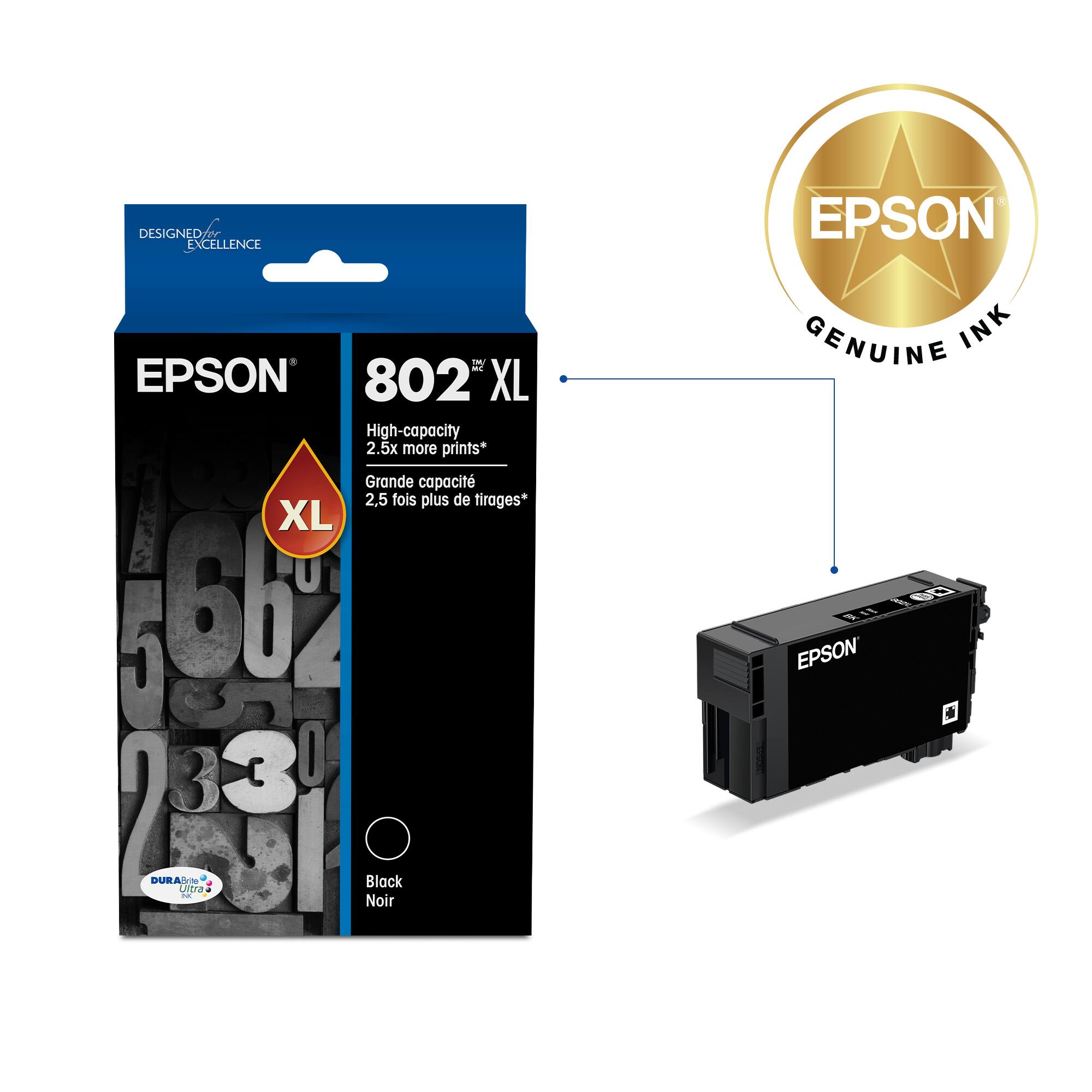 EPSON 802 XL High-capacity 2.5x more prints* Grande capacité 2,5 fois plus de tirages* XL U 5 60 O A 3 3 O 23 2 | DURA Black Ultra - Noir GENUINE INK