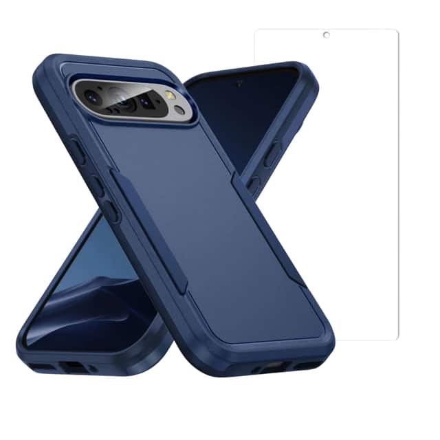 Entronix - Pixel 9 Pro XL Bundle - Soft-Touch Dual-Layer Case with Clear Screen Protector - Blue