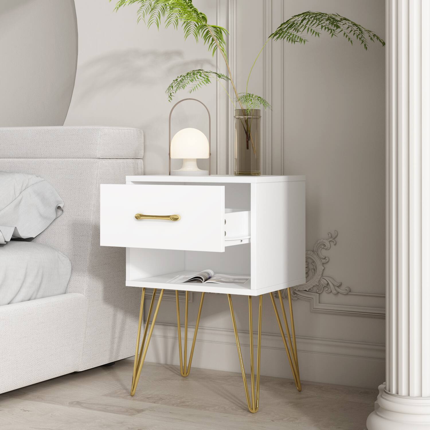 Alt View 6. FUFU & GAGA - FUFU&GAGA Nightstand with Gold Hairpin Legs: Modern Open - Shelf Storage - White.