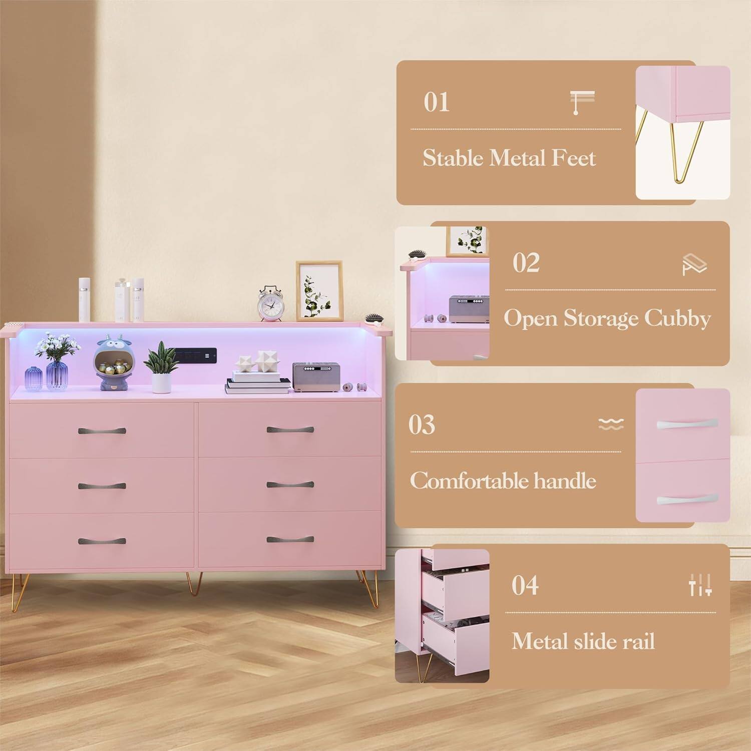 01 Stable Metal Feet  
02 Open Storage Cubby  
03 Comfortable Handle  
04 Metal Slide Rail