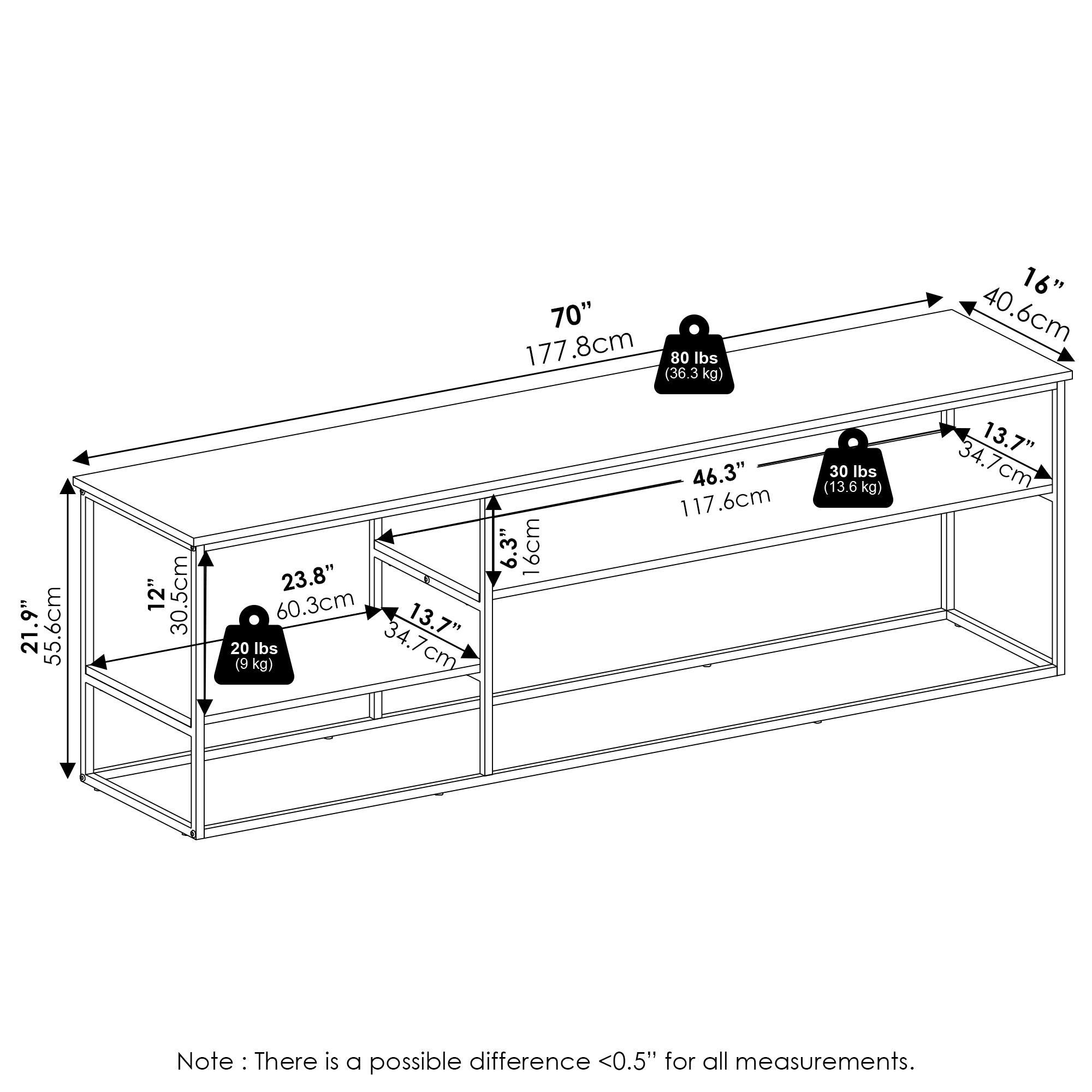 70" (177.8 cm)  
80 lbs (36.3 kg)  

16" (40.6 cm)  
13.7" (34.7 cm)  
30 lbs (13.6 kg)  

21.9" (55.6 cm)  
12" (30.5 cm)  
23.8" (60.3 cm)  
13.7" (34.7 cm)  
20 lbs (9 kg)  

46.3" (117.6 cm)  
6.3" (16.0 cm)  
6 cm  

Note: There is a possible difference <0.5" for all measurements.