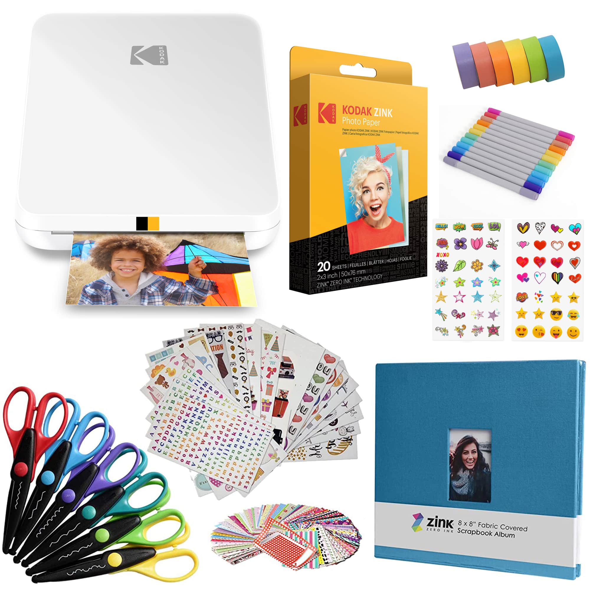 Kodak - Step Slim Mobile Instant Photo Printer 2x3" & Zink Photo Paper & Scrapbook Bundle - White
