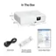 In The Box:

* Epson projector
* 3.2" H 8.3" D
* Power cord
* Remote control with AA batteries
* Quick Setup Guide