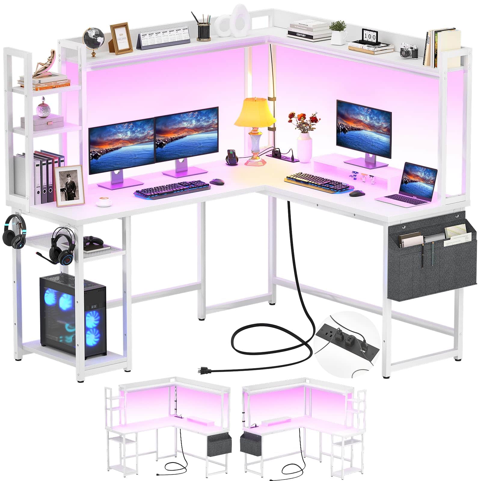 Aheaplus - Gaming L-Desk With Power Outlets, LED Lights & Storage - Reversible Home Office Desk With Monitor Stand - White