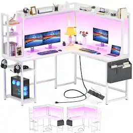 Aheaplus - Gaming L-Desk With Power Outlets, LED Lights & Storage - Reversible Home Office Desk With Monitor Stand - White