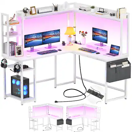 Front. Aheaplus - Gaming L-Desk With Power Outlets, LED Lights & Storage - Reversible Home Office Desk With Monitor Stand - White.