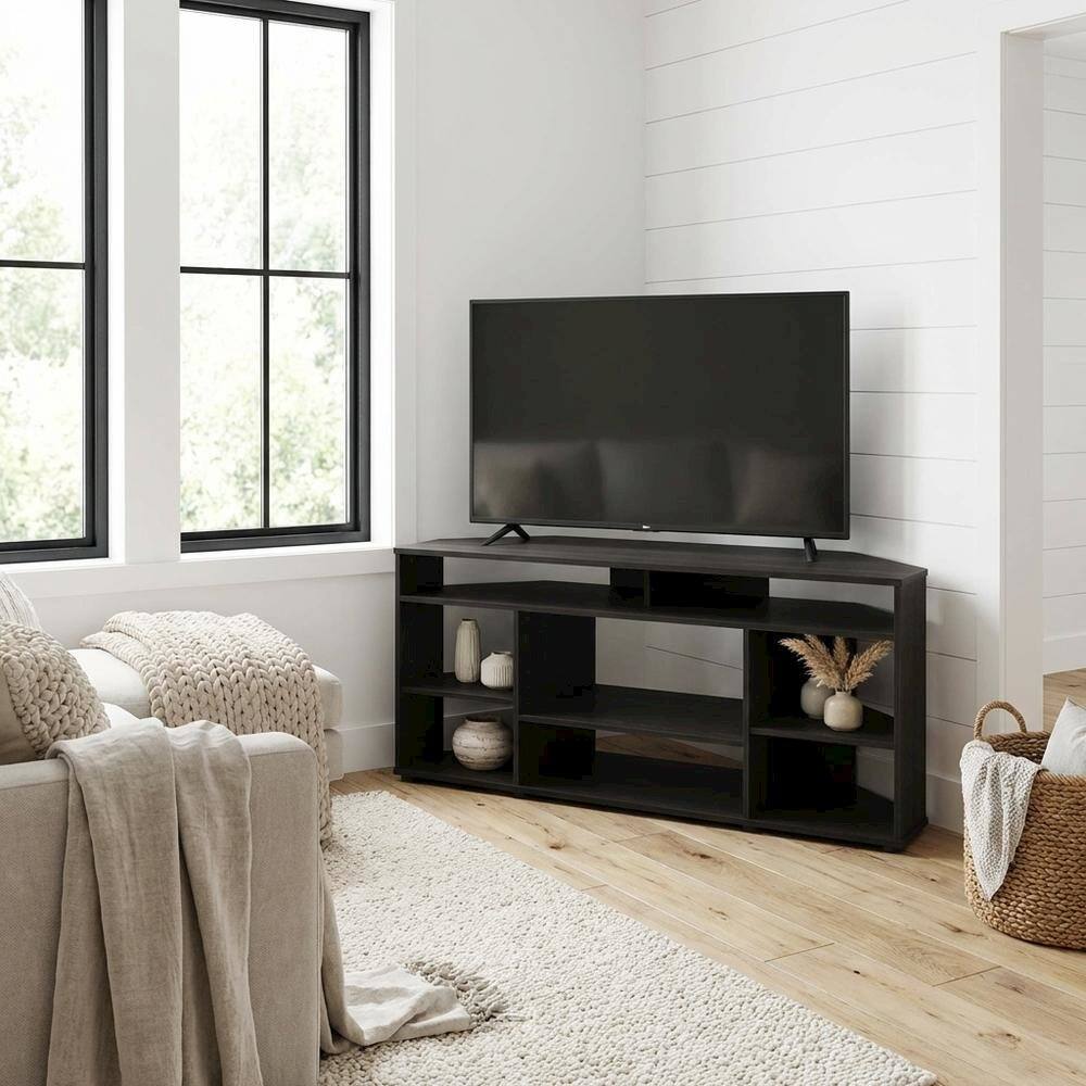 Alt View 2. FurniFact - Brown corner TV stand, up to 55 inches, solid wood, walnut veneer finish - Brown.