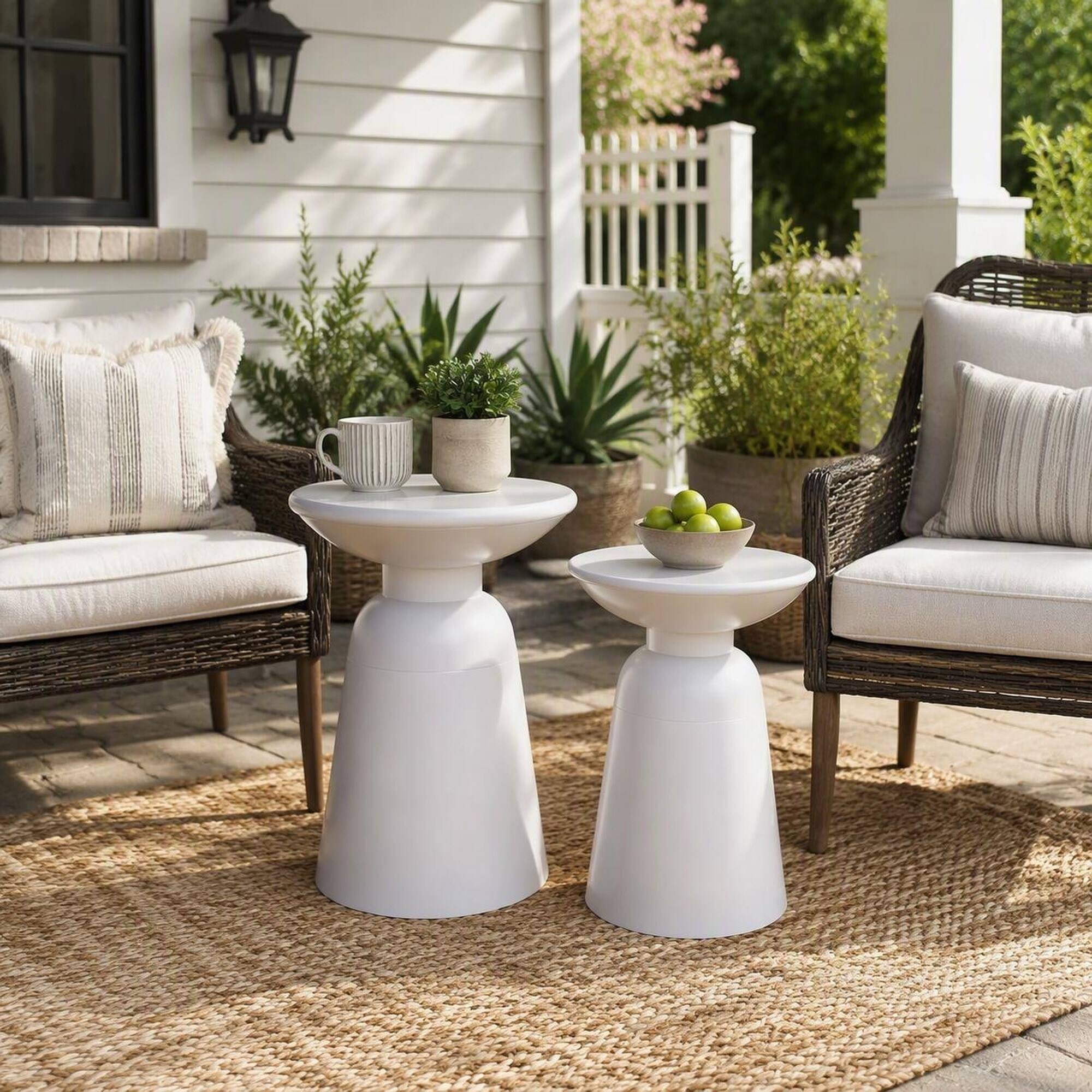 Left. RYHNUYNE - Outdoor Side Table Set of 2 White Powder-Coated Accent Tables with Flared Pedestal Base for Patio Garden Balcony - White.