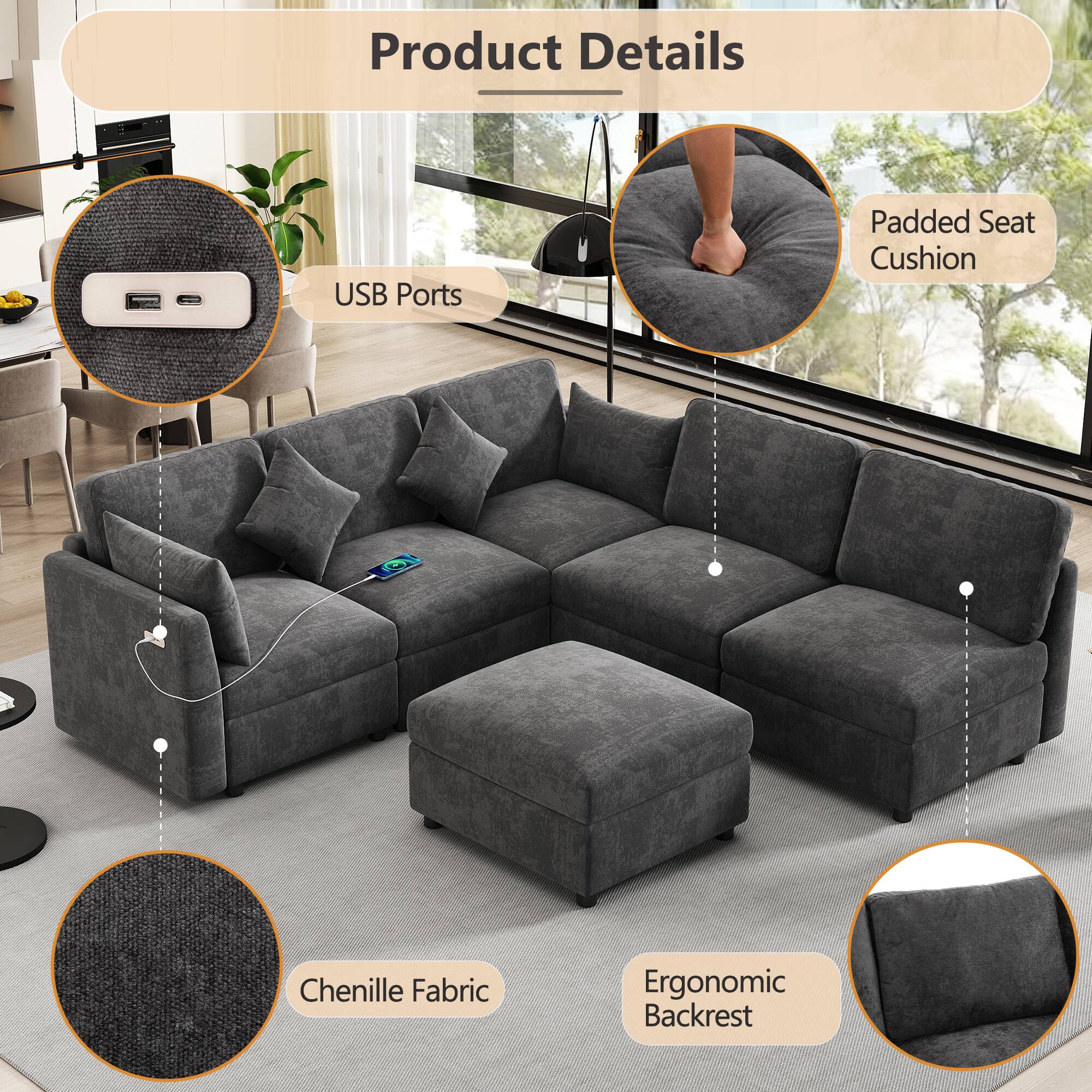 Product Details

- USB Ports
- Padded Seat Cushion
- Chenille Fabric
- Ergonomic Backrest