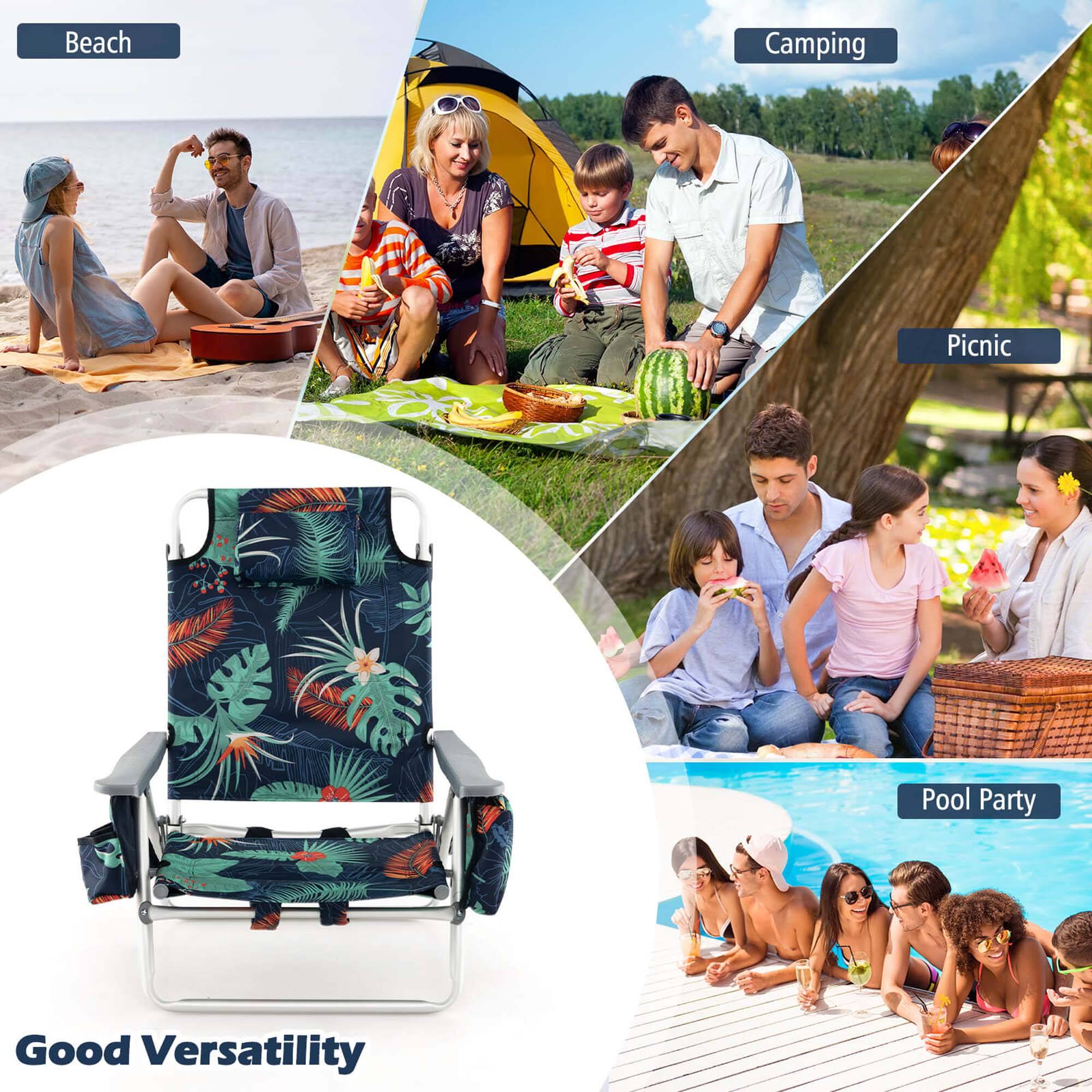 The image shows a family enjoying a picnic at the beach, with a man and a woman sitting on a blanket and a child nearby. There is a chair with a floral pattern, which is placed near the family. The scene also includes a dining table, a handbag, and a bottle. The image is advertising a chair with good versatility, suitable for various outdoor activities such as beach, camping, picnic, and pool party.