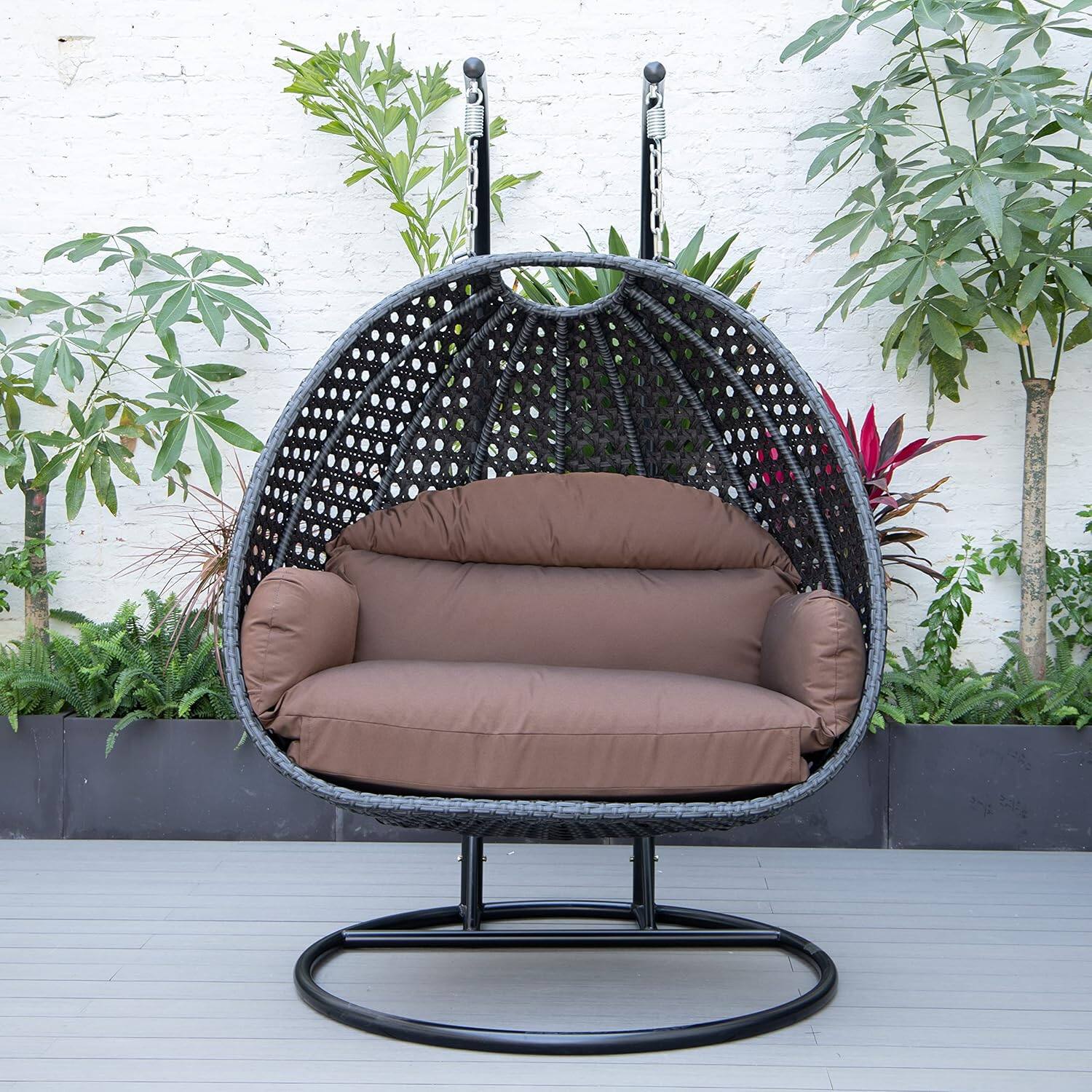 Back. LeisureMod - Mendoza 2-Person Outdoor Charcoal Wicker Swing Chair - Rust-Resistant Frame, Handwoven Boho Porch Swing with Cushions - Brown.