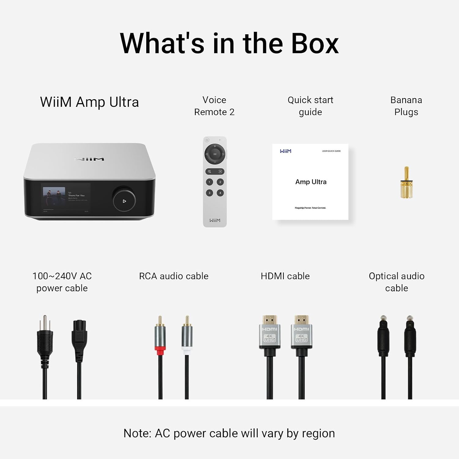 What's in the Box

- WiiM Amp Ultra
- Voice Remote 2
- Quick start guide
- Banana Plugs
- 100~240V AC power cable
- RCA audio cable
- HDMI cable
- Optical audio cable

Note: AC power cable will vary by region