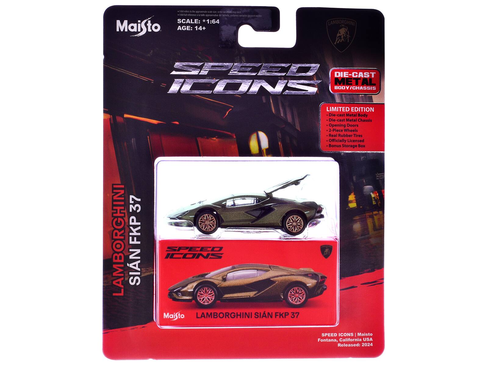 - N vim . de ap -A  
- I i mi  
- - N4 3 vr  
- crssm . ahelc edores varatn aven i  
SCALE: *1:64  
Maisto  
AGE: 14+  
LAMBORGHINI SPEED DIE-CAST METAL ICONS  
BODY / CHASSIS  
37 LAMBORGHINI FKP SIN SPEED ICONS  
Maisto LAMBORGHINI SIN FKP 37 LIMITED EDITION  
Die-cast Metal Body  
Die-cast Metal Chassis  
Opening Doors  
2-Piece Wheels  
Real Rubber Tires  
Officially Licensed  
Bonus Storage Box  
SPEED ICONS  
Maisto  
Fontana, California USA  
Released: 2024
