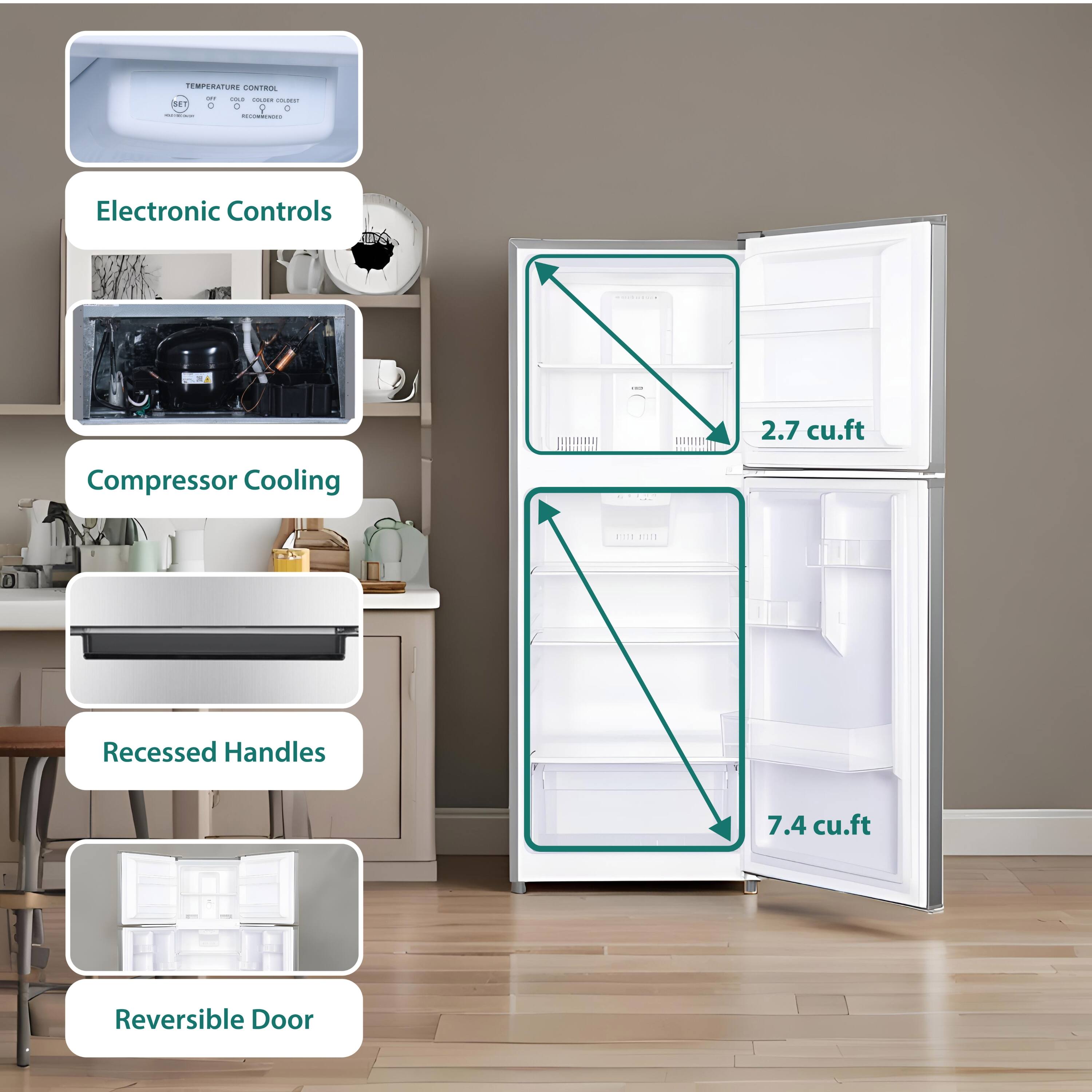 - Electronic Controls
- Compressor Cooling
- Recessed Handles
- Reversible Door
- 2.7 cu.ft
- 7.4 cu.ft