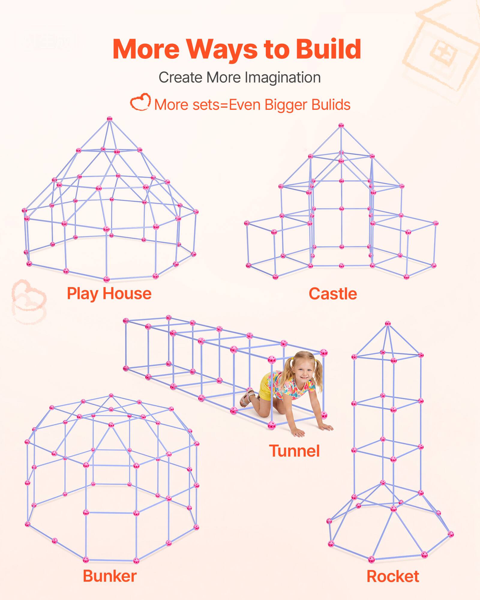 More Ways to Build  
Create More Imagination  
More sets=Even Bigger Builds  

Play House  
Castle  
Tunnel  
Bunker  
Rocket