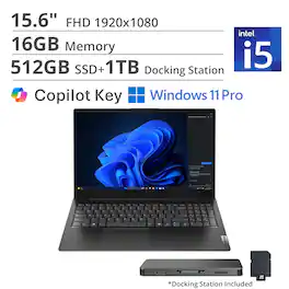 Lenovo - V15 15.6" FHD Business Laptop,Intel Core i5-13420H,16GB RAM,512GB SSD+1TB Dock Set,720p Camera,Win 11 Pro - Black