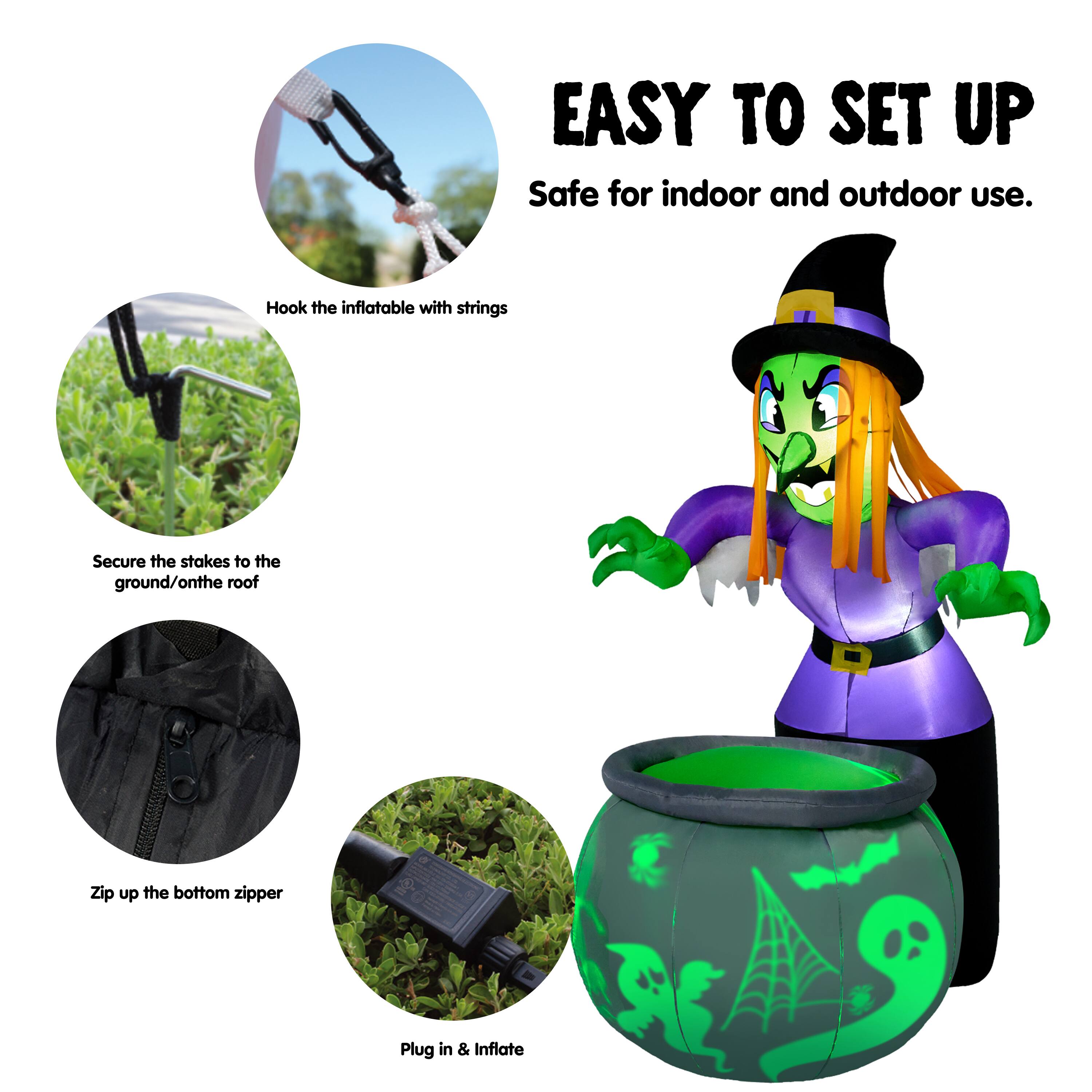 EASY TO SET UP  
Safe for indoor and outdoor use.  
Hook the inflatable with strings  
Secure the stakes to the ground/on the roof  
Zip up the bottom zipper  
Plug in & Inflate
