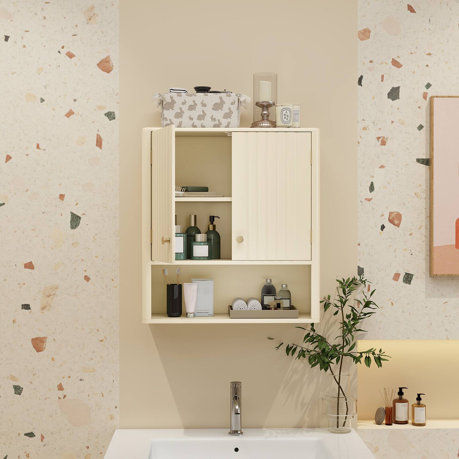 Alt View 1. Gymax - Gymax Bathroom Wall Cabinet w/Fluted Doors Adjustable Shelf Open Storage Cube Beige - Beige.