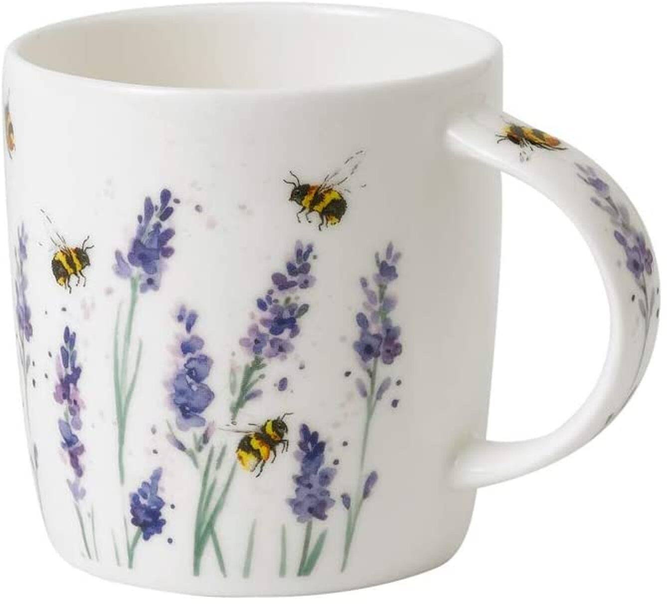 Front. Jiallo - Roy Kirkham Sophie Mug - Bees with Lavender, Set of 6, Bone China Ceramic Made in England 380 ml - Mutli color.
