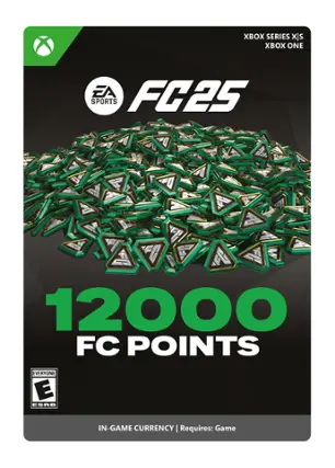 The text on the image is grouped and corrected as follows:
"Xbox Series X|S EA FC25 Sports 12,000 FC Points Everyone E ESRB In-Game Currency Requires: Game."