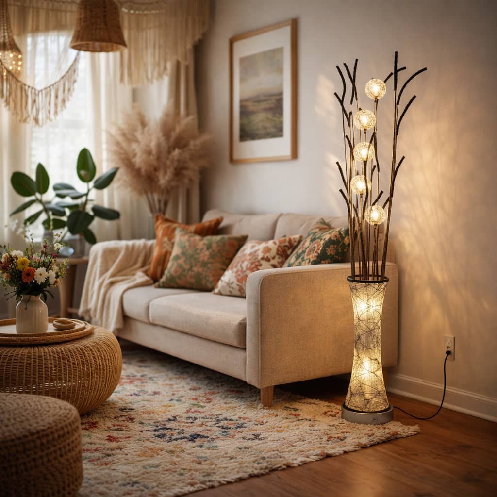 FC Design - 60"H Black Patterned Vase with Silver Glowing Floral Branch LED Floor Lamp