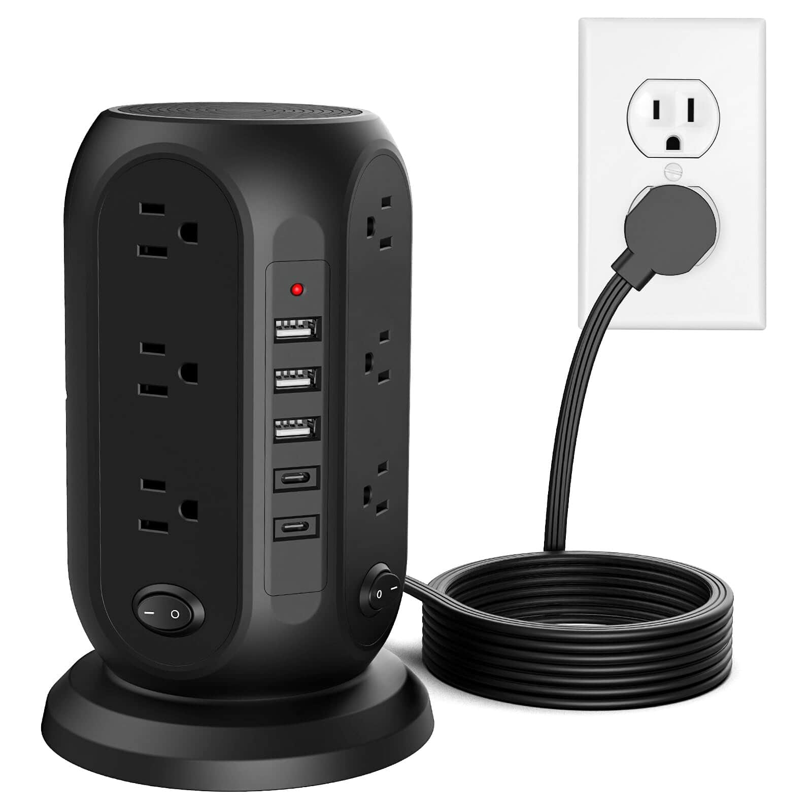Dazzed Corner - Tower Power Strip, 12 Outlets & 5 USB Ports, 10 Ft Cord, 1250W Surge Protection - Black