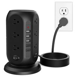 Dazzed Corner - Tower Power Strip, 12 Outlets & 5 USB Ports, 10 Ft Cord, 1250W Surge Protection - Black