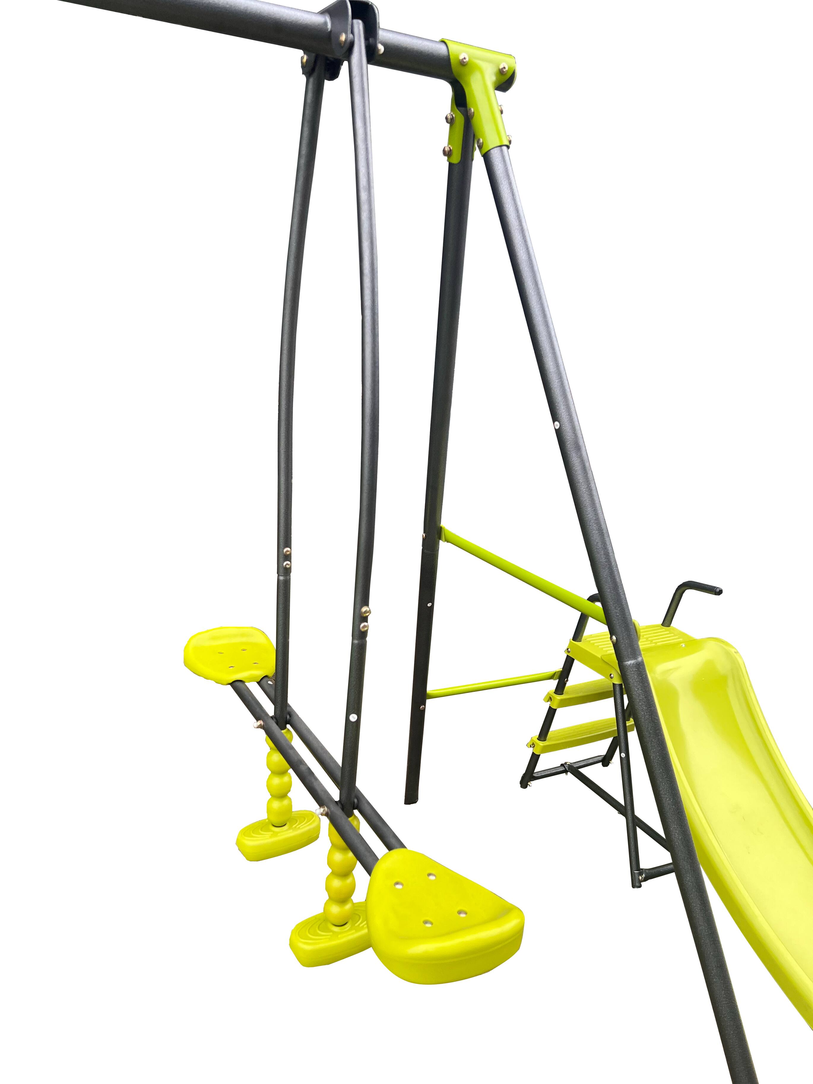 Left. Siljoy - 6‑in‑1 Blue & Green Swing Set with Net Swing, Slide, Hoop, 440lb Capacity, for Age 3+ Outdoor Play - Green.