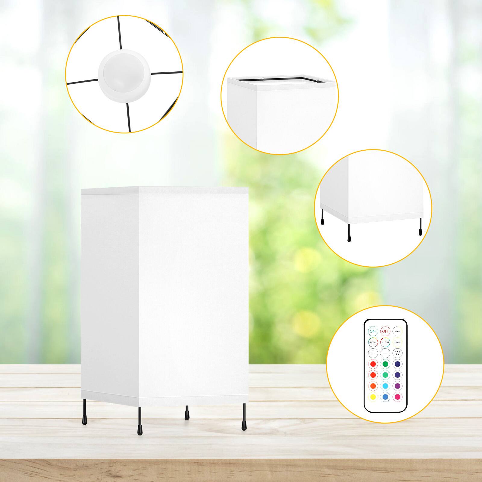 Back. Oumilen - 2-Pack Battery-Powered White Square Lamps with Remote - 12-Color RGB Linen Shade Table Lamps for Bedroom & Office.