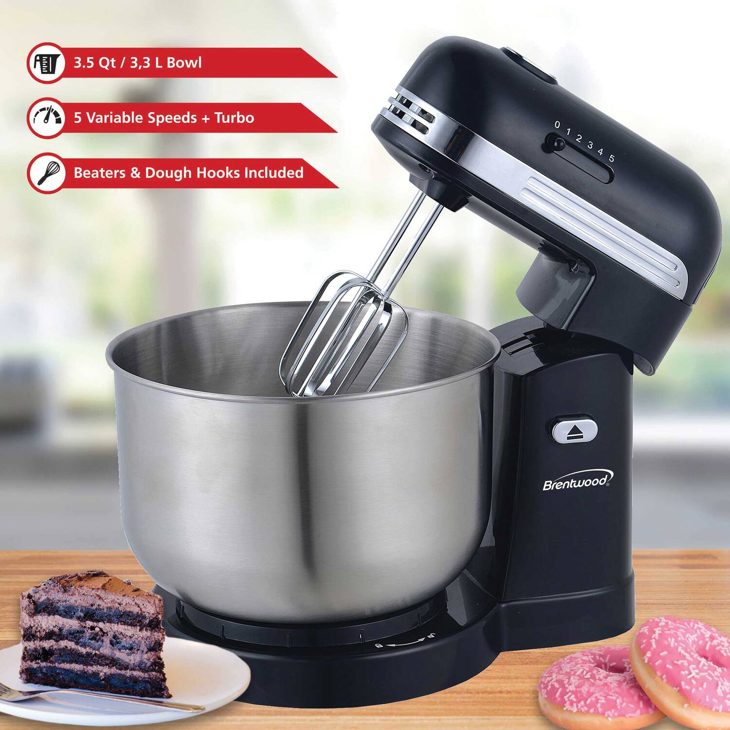 3.5 Qt / 3.3 L Bowl

5 Variable Speeds + Turbo

Beaters & Dough Hooks Included

Brentwood