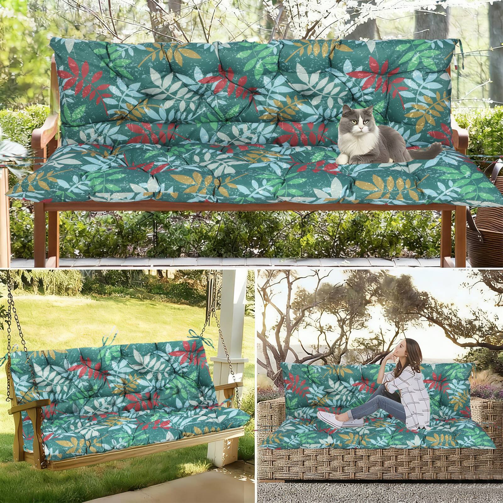 Alt View 3. Chateau Abodes - Outdoor Replacement Seat Cushions for 2-3 Person Swing & Bench, Waterproof Sofa Pads with Backrest for Patio Furniture - Green Flowers-40x71.1in.