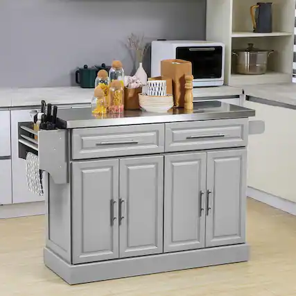 Front. Kadyn - Mobile Kitchen Cart with Stainless Top, Drawers & Integrated Racks, Gray - Gray.