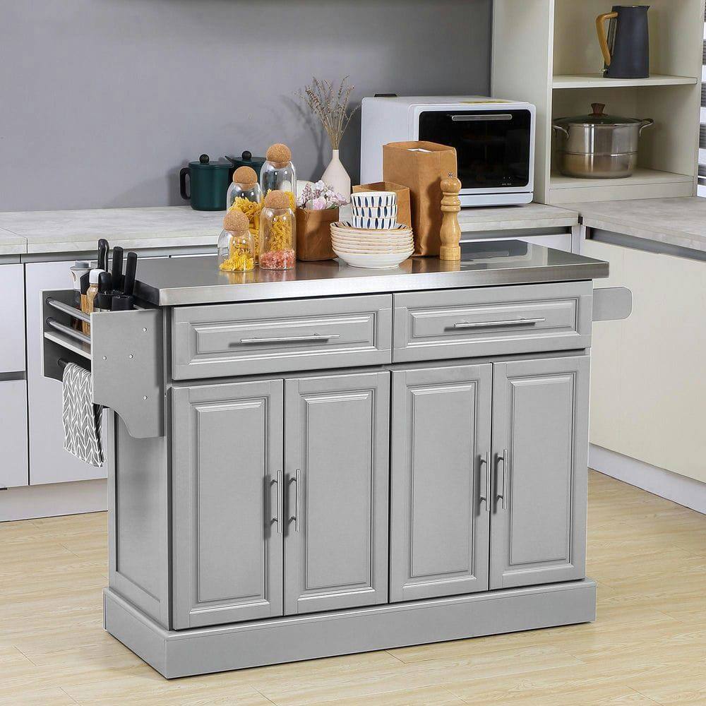 Front. Kadyn - Mobile Kitchen Cart with Stainless Top, Drawers & Integrated Racks, Gray - Gray.