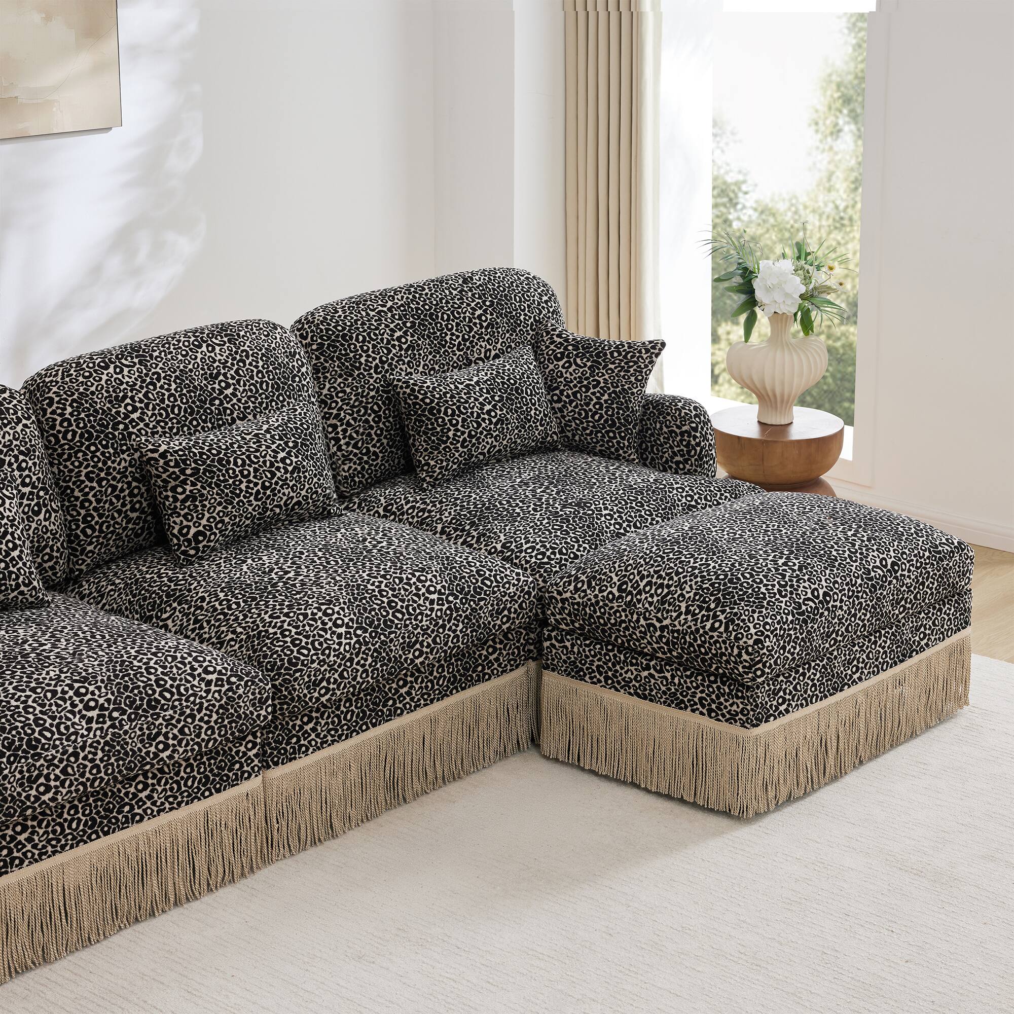 Alt View 1. Anysun - 131" Modern Chenille Leopard U-Shaped Sofa - Tassel Edge, Movable Ottomans, Ergonomic, Easy Assembly, Deep Seat - Khaki.