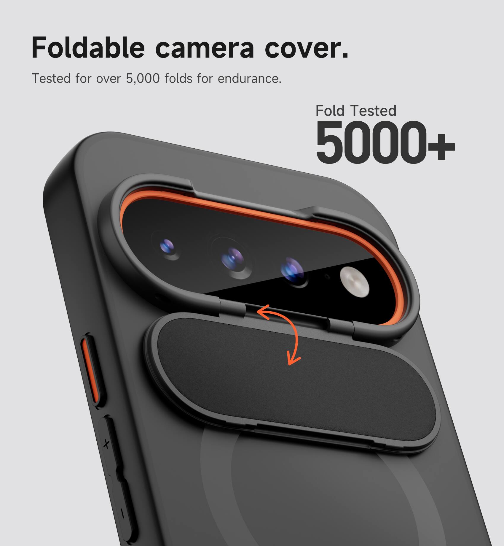 Foldable camera cover.  
Tested for over 5,000 folds for endurance.  
Fold Tested 5000+