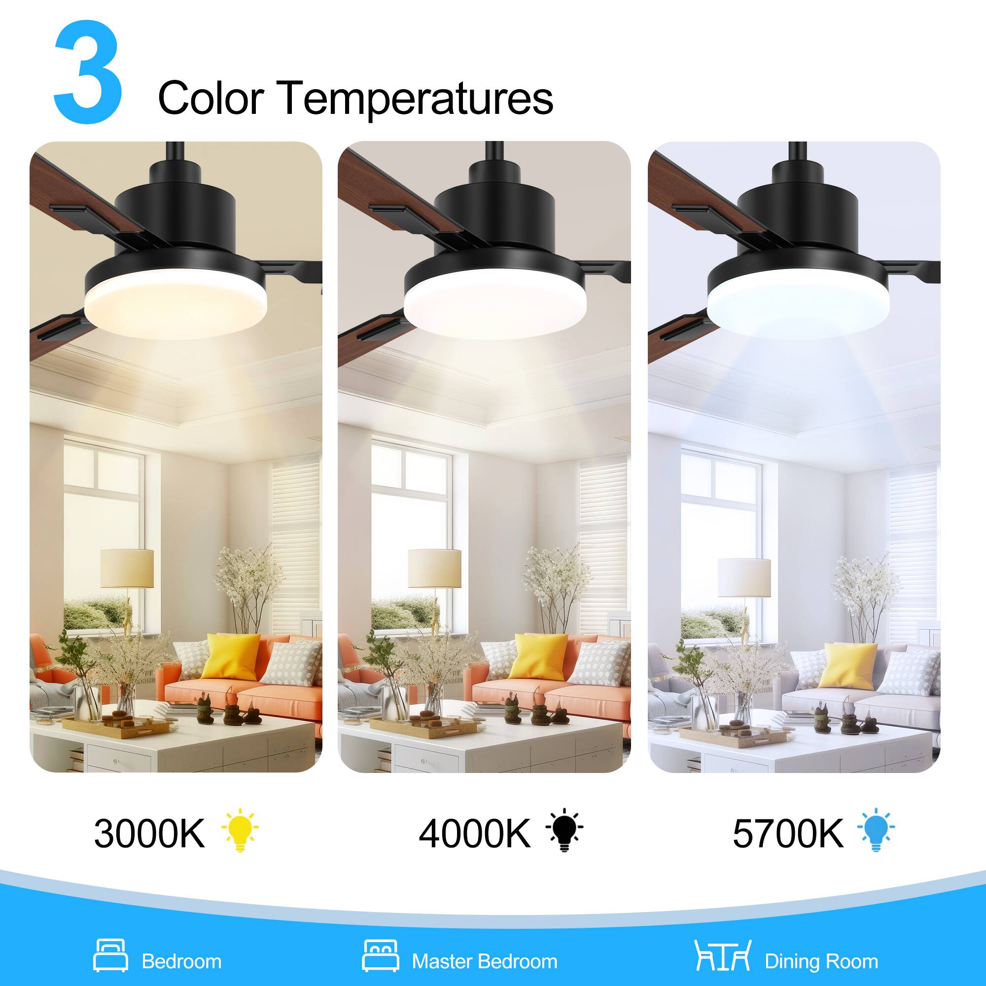 3 Color Temperatures
3000K
4000K
5700K
Bedroom
Master Bedroom
Dining Room